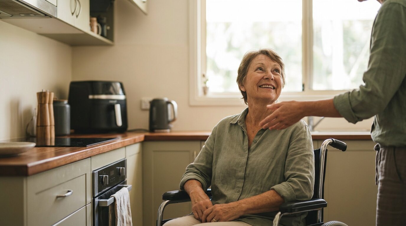 Close-up of a wheelchair user's hands at a lever tap in her adapted kitchen, filling a kettle