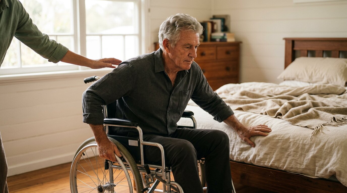 An older man transferring from his manual wheelchair to his bed in a sunlit bedroom, the OT's hand on his shoulder offering quiet support