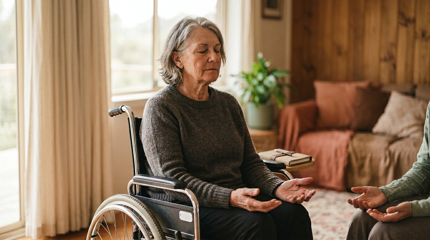 Macro close-up of a wheelchair user's hands resting palms-up on her knees in chair-based breathwork, the chrome push-rim of her wheel just in frame