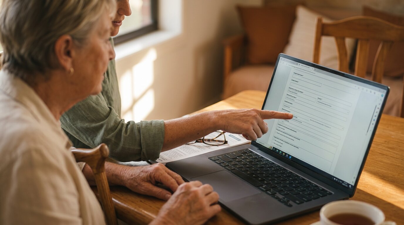 Macro close-up of an older woman's hands holding a printed NDIS access request form, pen poised, with her daughter's hand pointing in soft focus and a walking stick handle just in frame