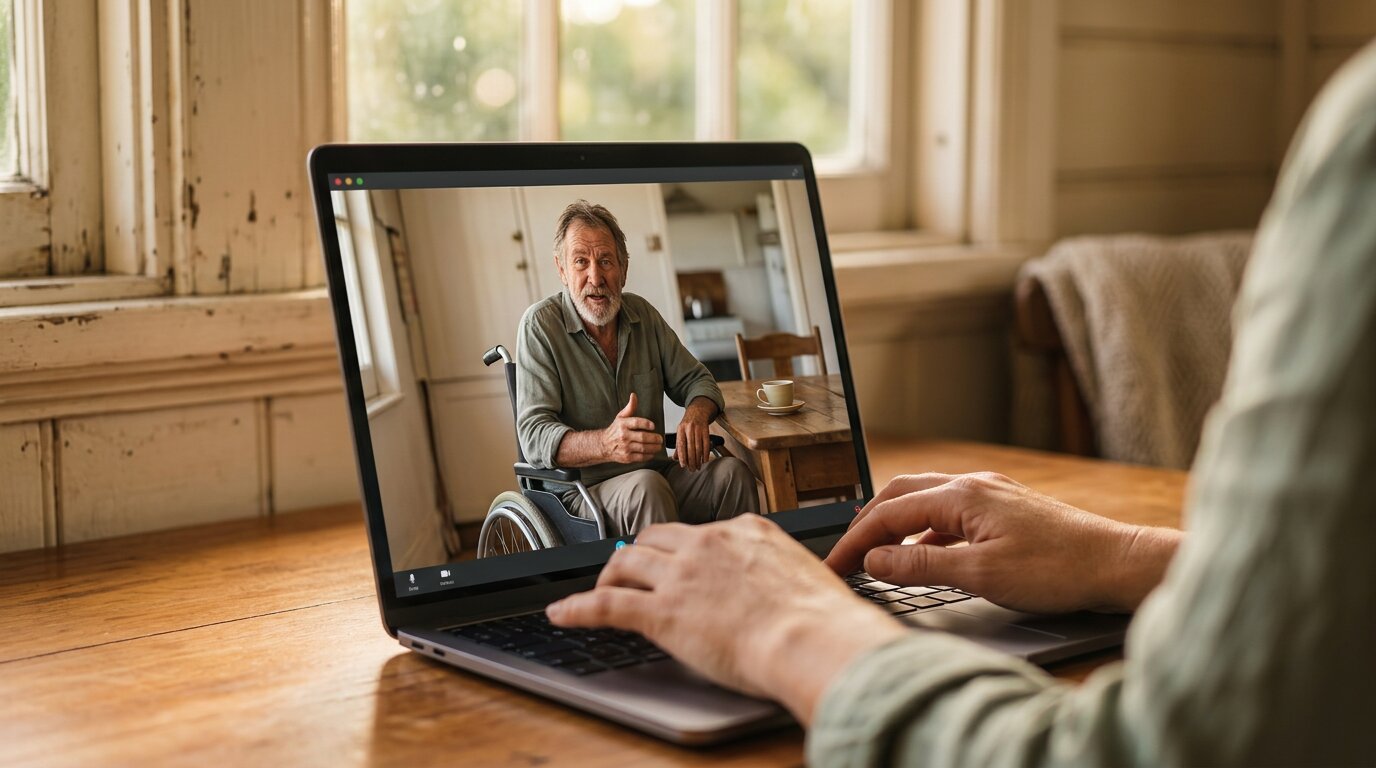 Macro close-up of a wheelchair user's hands — one with a tea mug, one on a notebook — beside an open laptop on his dining table