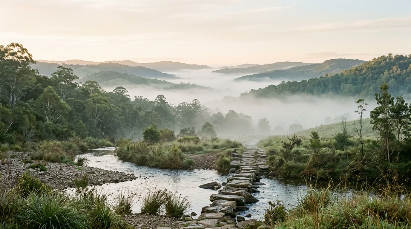 Mist over the Northern Rivers at first light, with a stepping-stone path disappearing into the fog