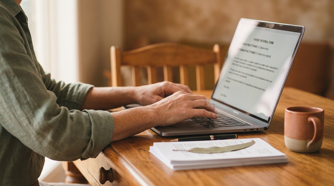 A clinician's hands writing a brief note on a referral form beside paper files and a ceramic mug