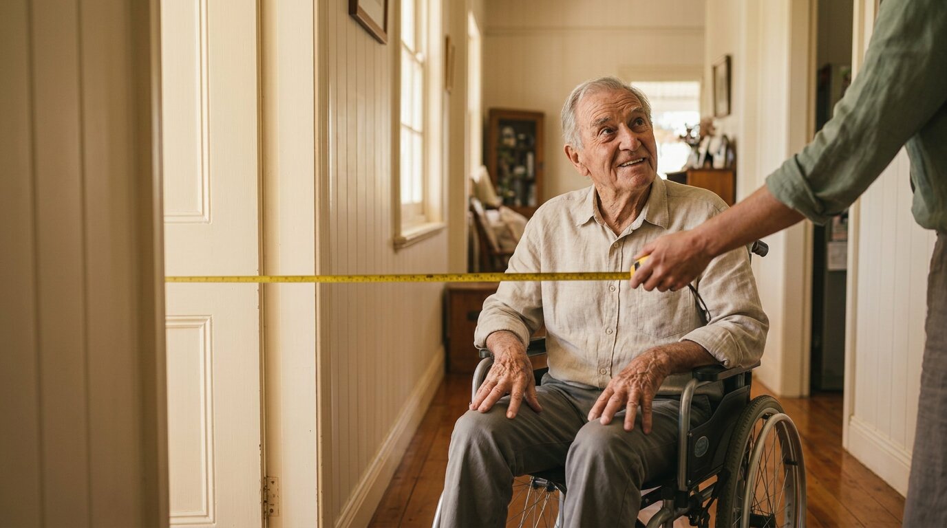 An older man in his manual wheelchair in his hallway while the OT measures the doorway clearance